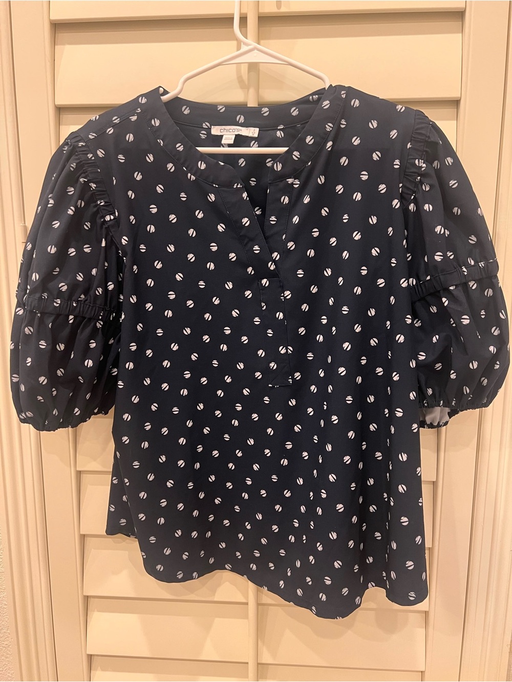 Chico's Navy Dot-Print Puff Sleeve Blouse